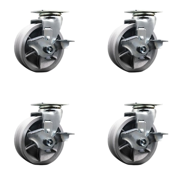 5'' V-Groove Semi Steel Swivel Caster Set with Bronze Bearings and Brakes, 4PK